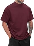 Wihion Mens Ribbed Mock Turtleneck T-Shirt Short Sleeve Solid T Shirts Thermal Underwear Tops Wine