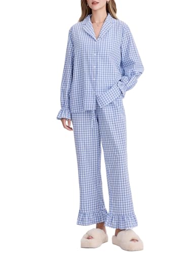 Flygo Womens Gingham Pajamas Sets Cotton Plaid Pjs Ruffled Sleeve