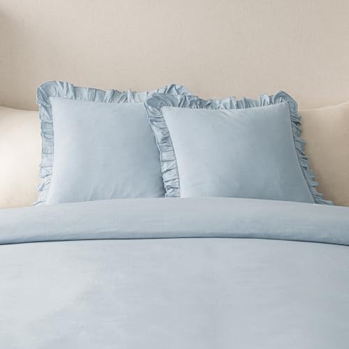 Image of Foindtower Set of 2 Decorative Linen Fringe Ruffle Throw Pillow Covers Soft Boho Farmhouse Cushion Cover Cozy Accent Retro Pillowcase for Couch Sofa Bed Living Room Home Decor,20x20 Inch,Sky Blue