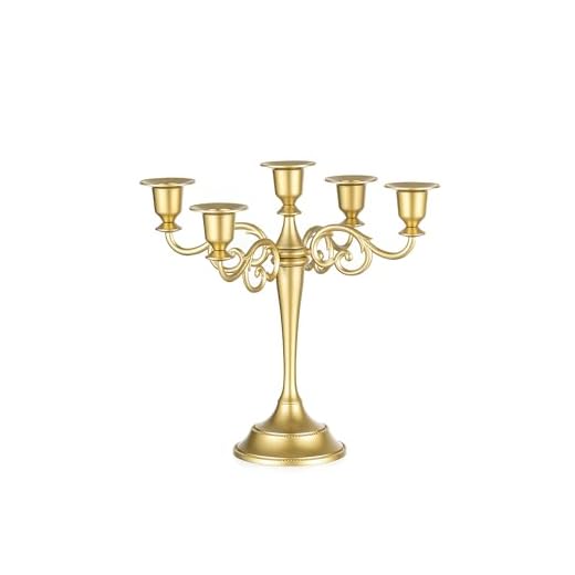 Sziqiqi Gouden 5 Armige Kandelaars: Kaarshouders voor Eettafel Centerstuk - Vintage Metalen Kandelaar voor Kerst Trouwen Woonkamer en Schoorsteenmantel Decoratie