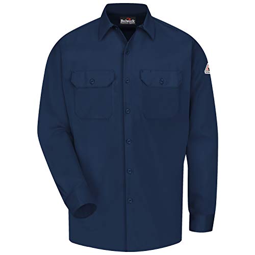 Bulwark Flame Resistant 7 oz Cotton/Nylon Excel FR ComforTouch Regular Work Shirt with Sleeve Vents, Lined Cuff, Navy, X-Large