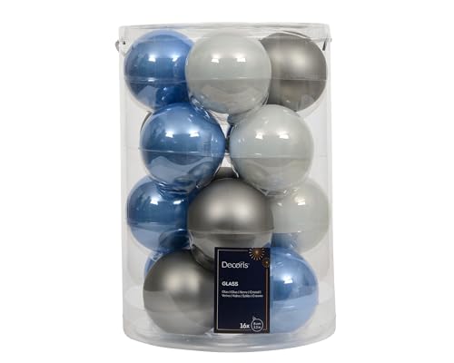 Kaemingk Weihnachtskugeln Glas 8cm 16 Stück - matt & glänzend - Große Christbaumkugeln Weihnachtsbaumkugeln für Weihnachten - Christbaumschmuck & Weihnachtsbaumschmuck - Blau Grau Mix