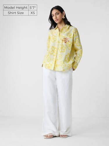 Image of The Souled Store Hello Sunshine Women and Girls Long Sleeves Collared Neck Button Front Yellow Embroidered Cotton Boyfriend Shirts