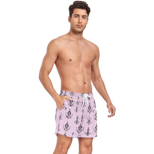 Bohemian Purple Black Elegant Skulls Swim Trunks for Men Men 2 Layer Beachwear with Phone Pocket Quick Dry Elastic S4