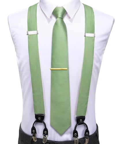 Image of Hi-Tie Men's Suspenders and Tie Set Silk Adjustable Elastic Y Braces with Strong 6 Clips Pocket Square Set