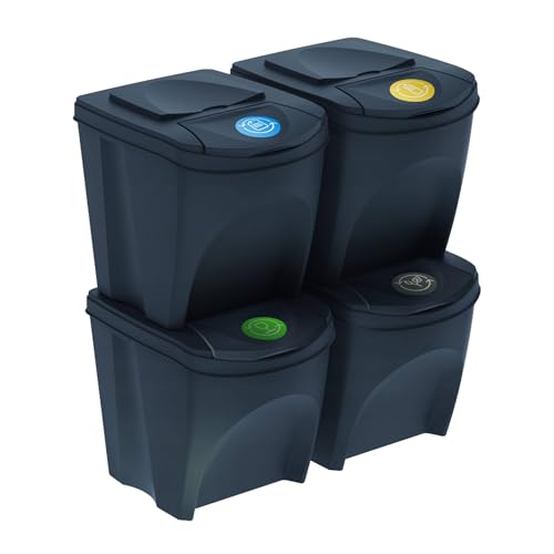 WELL HOME - Set de 4 cubos de basura-papelera reciclaje, antracita, 4x 25L