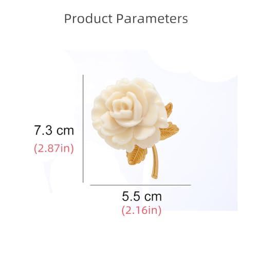 Image of White Rose Flower Brooch Pin for Women Girls Fashion Gold Leaf Resin Blossom Floral Brooches Lapel Corsage Pins Dainty Dress Accessories Wedding Holiday Anniversary Jewelry Gift