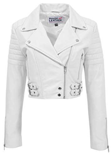 Womens Real Leather Biker Style Jacket Short Cropped Length Demi (12, White)