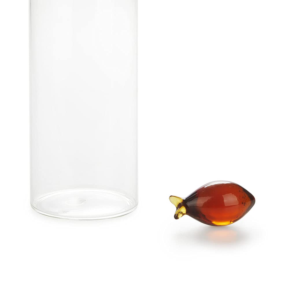 Balvi Botella de Agua Gourami Color Ambar con Tapón en Forma de Pez 1.1 L. Vidrio Borosilicato 30cm