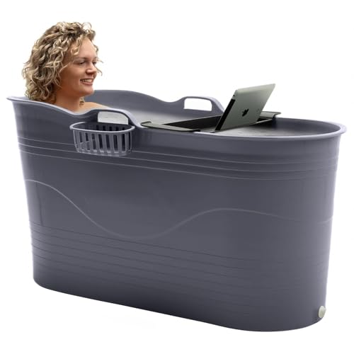 HelloBath® Mobile Badewanne XL 122x56x64 cm für Erwachsene | Tragbare Sitzbadewanne mit Abdeckhaube, Ablage, Seifenkorb & Ablaufschlauch | Badewanne für Dusche & Outdoor | Dunkelgrau