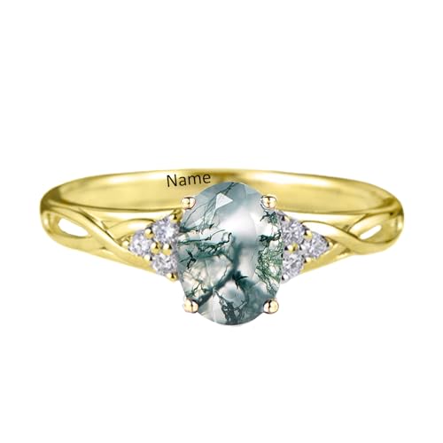 Natural Moss Agate Ring for Women Solid 925 Sterling Silver Salt and Pepper Diamond Ring with Moissanite, Engraved Name Wedding Bands for Her3