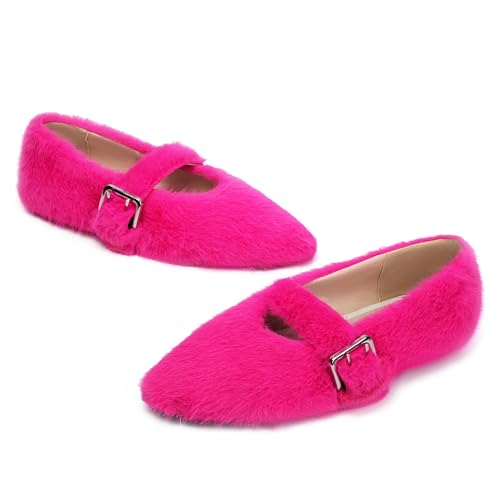 Elbslutt Fur Ballet Flats for Women Pointed Toe Buckle Faux Shearling Mary Jane Flats Comfy Ballerina Flats Fashion Fuzzy Winter Cream Fur Flats Wedding Party2