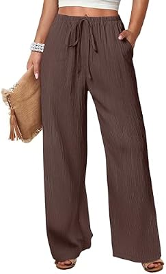 ANRABESS Women's Wide Leg Beach Flowy Palazzo Pants Brown S