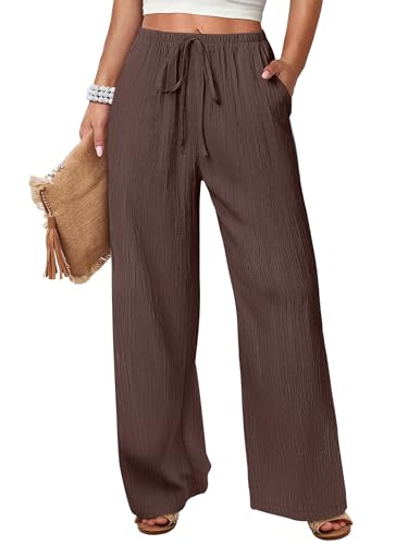 ANRABESS Women's Wide Leg Beach Pants Elastic Waist Lightweight Casual Flowy Palazzo Lounge Trousers with Pockets Brown Large