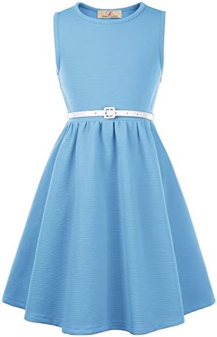 GRACE KARIN Girls Retro Sleeveless Floral Printed Swing Dresses with Belt Powder Blue