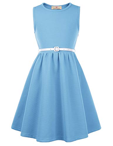 Grace Karin Girls Retro Sleeveless Floral Printed Swing Dresses With Belt Powder Blue #TOP5