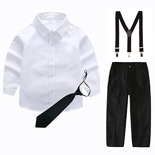 Image of amropi Boy Tuxedo Outfit 5-Piece Long Sleeve Bow-Tie Shirt and Suspender Pants Set for Age 1-13 Years