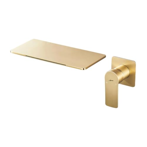 Image of AQUIEEN Plato Wall Mounted Waterfall Basin Mixer Tap | Modern Single Lever Concealed Basin Faucet | Contemporary Bathroom Sink Mixer (Brushed Gold)