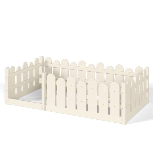 Image of Bellemave Twin Size Kids Montessori Floor Bed,Floor Bed Frame with Rounded Safety Guardrail,Solid Wood Montessori Bed for Girls Boys,Beige