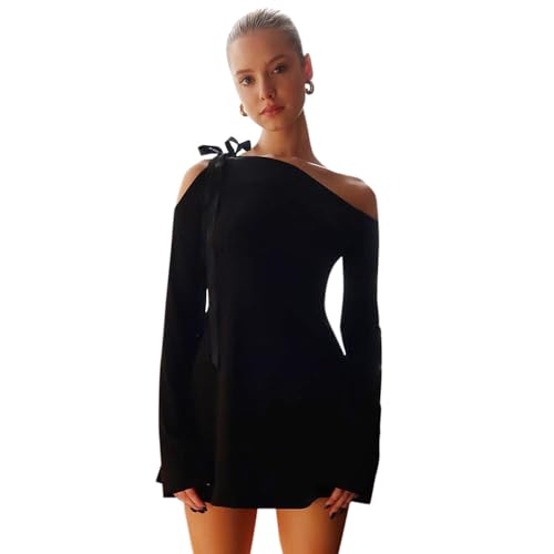 Damen Cocktailkleid Schulterfrei Sexy Langarm Partykleid Wickelkleid Bodycon Mini Kleid Abendkleider Einfarbig Festliche Elegant T Shirt Kleid