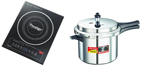 Image of Prestige PIC 2.0 V2 2000-Watt Induction Cooktop with Touch Panel + Prestige Popular Plus Induction Base Aluminium Pressure Cooker, 5 Litres, Silver COMBO