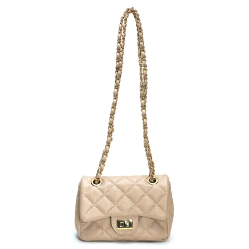 Bolsa Cosenza Feminina Mini Bag, Couro Legítimo Matelassê, Alça Corrente (Nude C/Dourado)