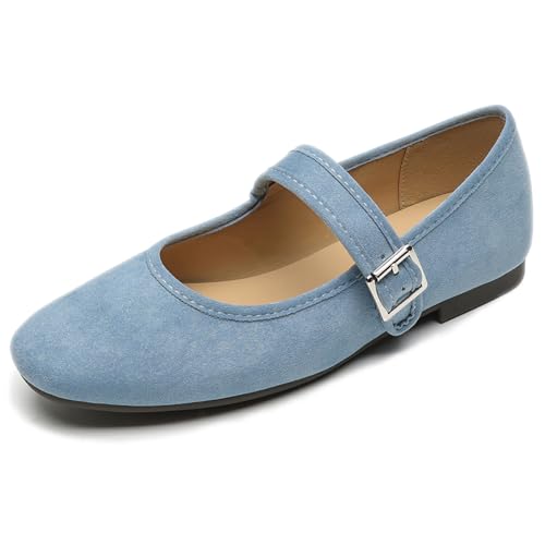Women's Suede Round Toe Mary Jane Flats with Adjustable Buckle Elegant Low Chunky Heel Comfortable Non-Slip Slip on Ballet Flats for Daily Dating Walking