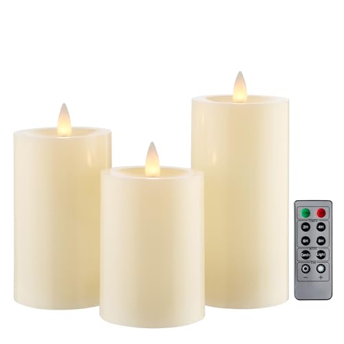Image of Flameless Pillar Candles Flickering with Remote Timer, Battery Operated LED Candles Up to 400 Hours, 3D Moving Flame Real Wax Candles, Set of 3, D3 x H4, 5 inch, 6 inch,Remote Included(Ivory)