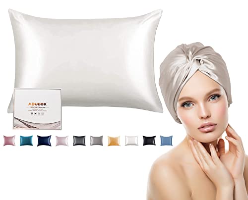 Adubor 100% Mulberry Silk Pillowcase for Hair and Skin with Hidden Zipper, Both Side 23 Momme Silk Silk Sleep Cap for Women Hair Care, Natural Silk Night Bonnet