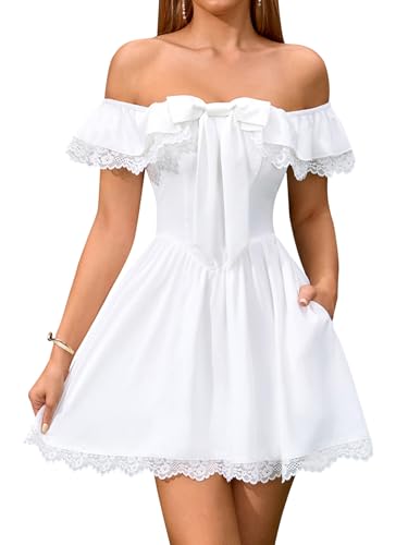 EYNMIN Womens Off The Shoulder Mini Graduation Dress Lace Bow Tie Flowy A Line Cute Casual Short Dresses with Pocket White