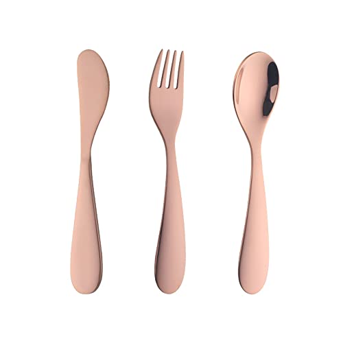 Rose Gold Children Cutlery Metal, 3 Pcs Stainless Steel Kids Flatware Set with Knife/Fork/Spoon, Todler Silverware Healthy & Mirror Polished, Dishwasher Safe