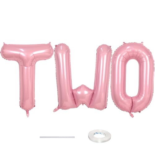 Image of 40 Inch Pastel Pink TWO Letter Balloons, Light Pink TWO Balloon Letters with Ribbon, Pearl Pink Alphabet TWO Balloon for Kid Girls 2 Year Old Birthday Second 2nd Anniversary Party Decorations