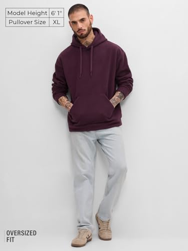 Image of The Souled Store Polar Fleece Pullover: Burgundy Men and Boys Long Sleeves Hooded Neck Solid Cotton Blend Oversized Hoodies