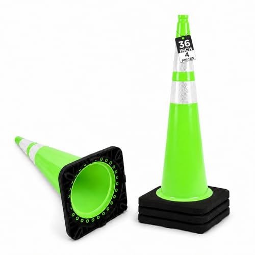 Image of BESEA 4 Pack 36 Inch Traffic Cones with Reflective Collars, Heavy Duty Safety Cones with Stable Black Base, Road Parking Cones for Traffic Control, Parking, Construction & Driving Practice(Green)