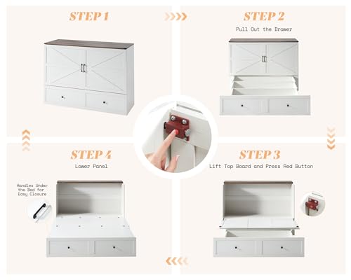 Image of AMERLIFE Full Murphy Bed with Storage & Charging Station, Farmhouse Murphy Cabinet with Foldable Panel, Noisy Free, for Guest Bedroom, Living Room, Office, Distressed White