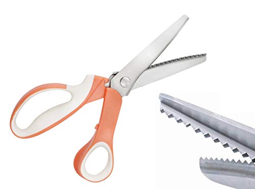 JISTL Professional Stainless Steel Dressmaking Sewing Craft Scissors, 9.3 inches Handled Pinking Shears (White-Orange)