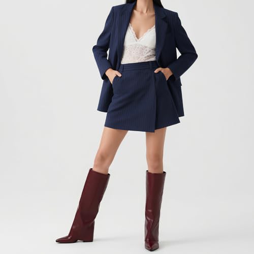 Vaslemuse Knee High Boots for Women Fold Over Pointed Toe Shark Tall Boots Block Low Heel Long Boots with Side Zipper3