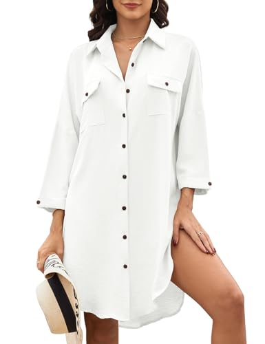 Tuopuda Camisa Suelto de Bikini Cover Up Manga 3/4 Enrollada Casual Vestido Botón Abajo Largos Blusa Tops con Bolsillo Camisolas Vestido de Playa Cárdigan Cover Up Verano Sólido Blusa(Blanco,M)