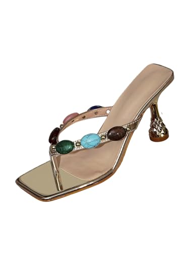 MakeMeChic Women's Gold Kitten Heels Summer Beach Sandals Square Toe Jeweled Flip Flop