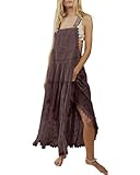 Gacaky Summer Dress for Women Casual Floral Embroidered Bohemian Dress Adjustable Straps Bib Maxi Flowy Dresses with Pockets Coffee M