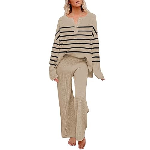 Pink Queen Women's 2 Piece Outfit Set Long Sleeve Button Pullover Sweater Top and Wide Leg Pants Knit Sweatsuit Stripe Khaki X-Large