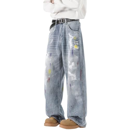 Vaqueros Hombre con Estampado de Pintura y Grafiti Corte Wide Leg y Estilo Americano(Light Blue, XXL)