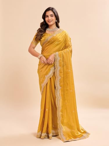 Image of Embellished Embroidered Pure Chiffon Heavy Work Saree