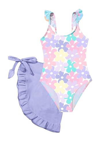 SHENHE Girl's One Piece Swimsuit Floral Print Bathing Suit Ruffle Trim Swimwear with Beach Skirts