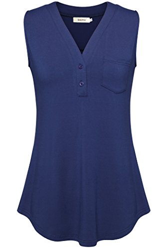 BEPEI Tanks Shirts for Women, Tops with Pockets Sleeveless Tanks Loose Fit Blue L Juniors Summer Casual Basic Cool Tee Dressy Fashion Blouses 2021 Henley V Neck Button up Flowy Tunic for Leggings