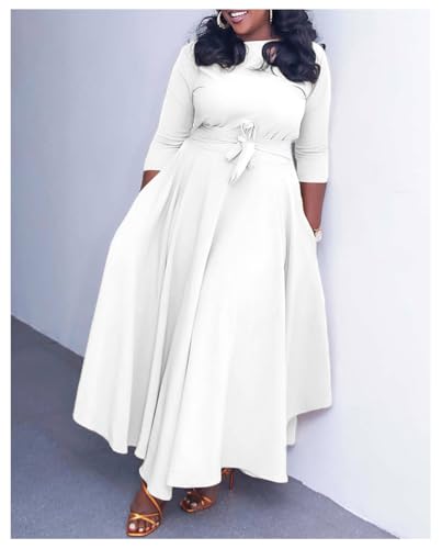 Image of Hostoyo Women Plus Size Formal A Line Maxi Dress Self Tie Waist with Pockets Elegant Round Neck Swing Long Dresses