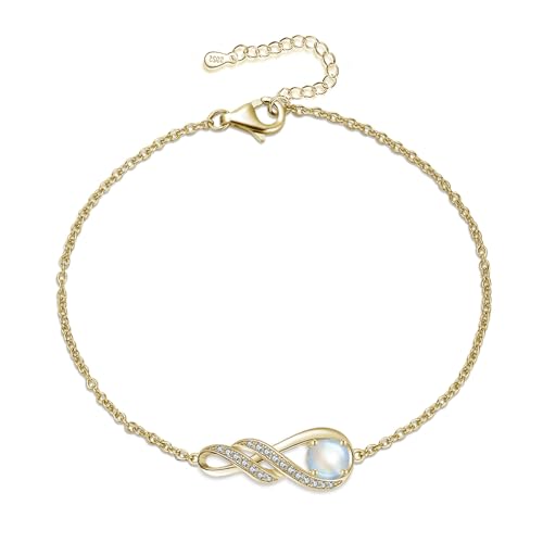 Image of LOCIBLO June Birthstone Bracelets for Women 925 Sterling Silver Created Moonstone Bracelet Gold Plated Infinity Pendant Jewellery, 6.7"+1.2"