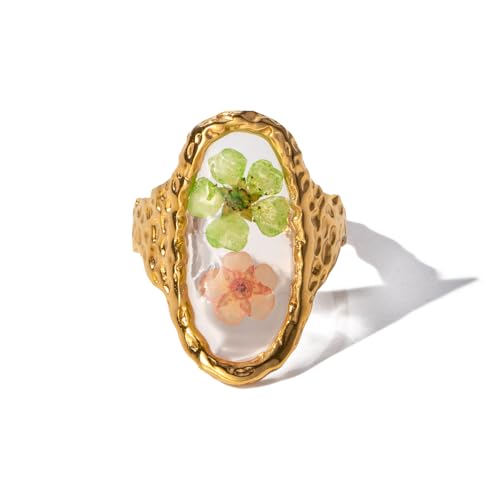 Fantasy Rannie - Fantasy Rannie Adjustable Real Dried Flower Ring for Women – Handcrafted 14K Gold-Plated 316L Stainless Steel with Resin Encased Floral Design, Metal, No Gemstone