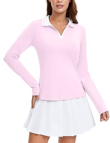 MathCat Womens Golf Shirts, Long Sleeve Polo Shirts Collared V Neck Tennis Shirts Breathable Athletic Tops Light Pink