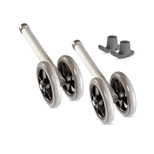 Healthline Heavy Duty Bariatric Walker Wheels – 5” Double Wheel Pair with 2 Glide Tips – Universal Replacement Kit for Standard and Folding Walkers – Sturdy Rubber Wheels, Up to 450 lbs Capacity